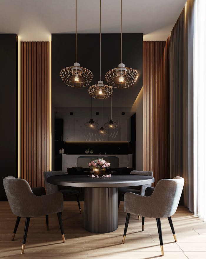 Gray Dining Table Under Pendant Lamps